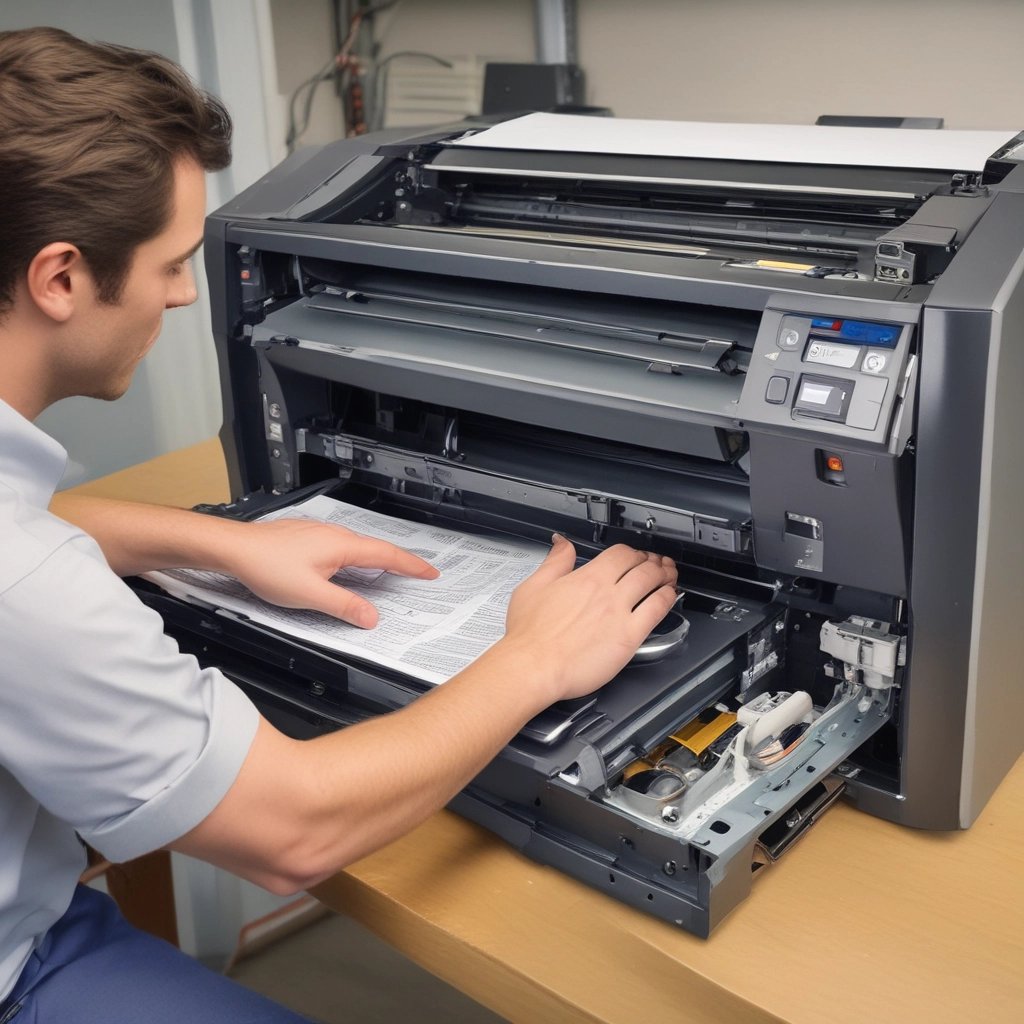 A sign for 'Shallom Komputer' is displayed prominently on the facade of a building, surrounded by lush green trees. The sign offers information about services related to hardware, software, networking, and accessories. The building features several rectangular windows and air conditioning units.
