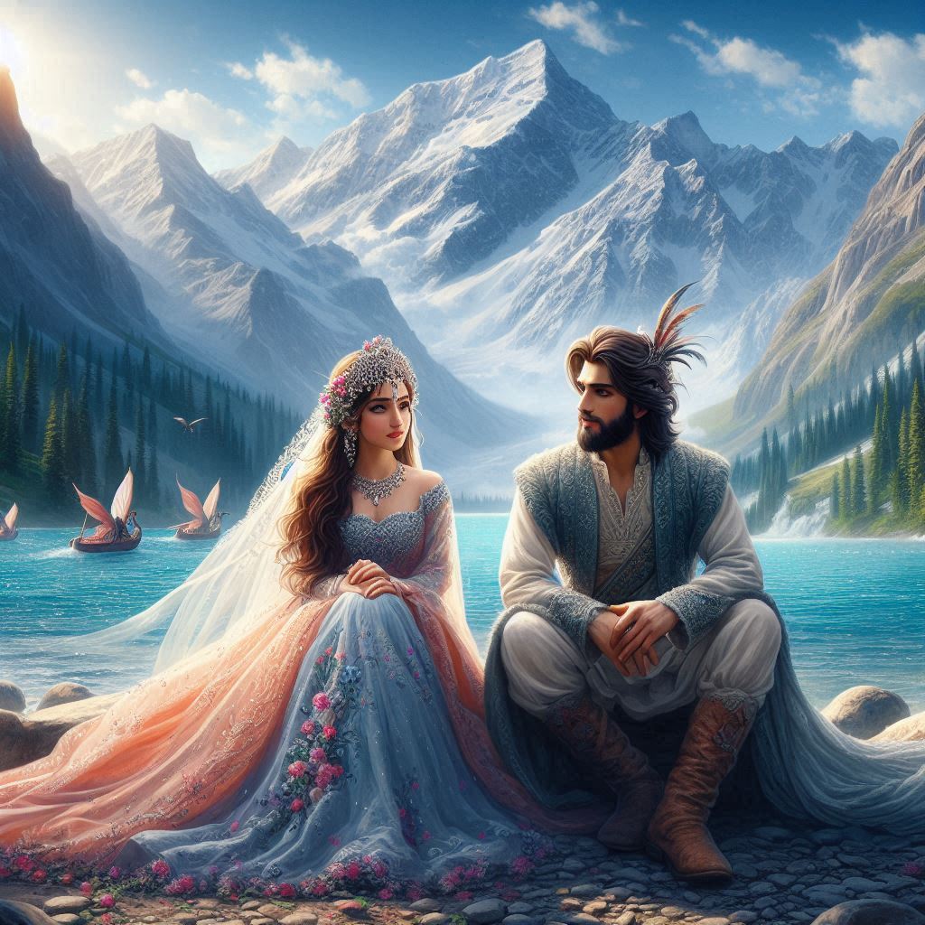 Fairy and prince saif ul malook sitting in front of lake saif ul malook 