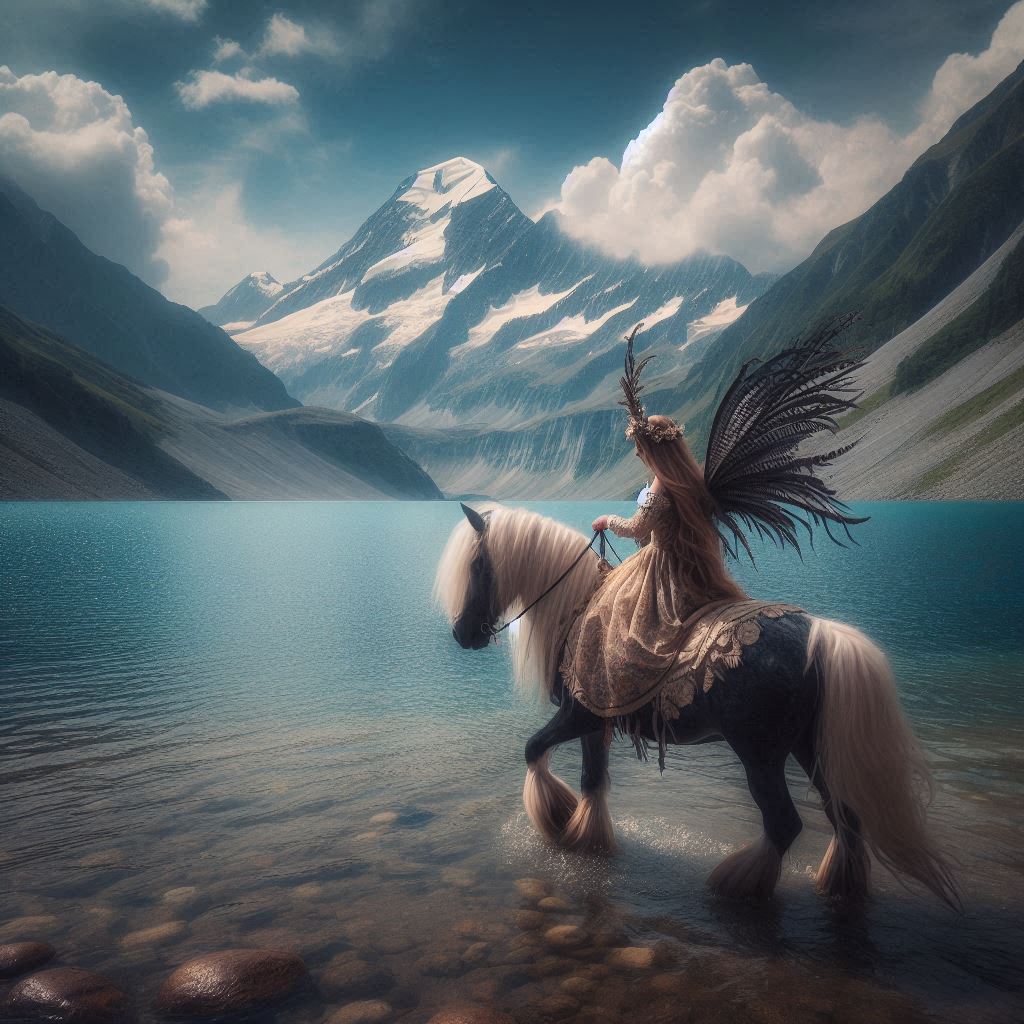 a imagination of fairy riding horse at lake saif ul malook
