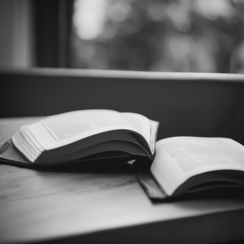 Black and white image of a book on a table