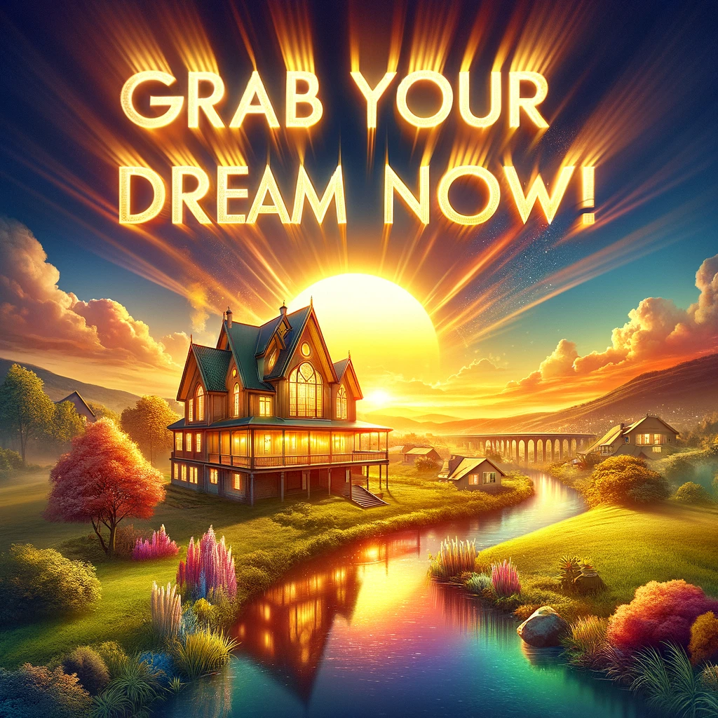 a house with a sunset and a river in the background