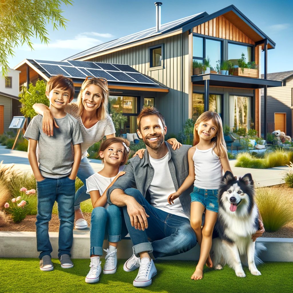 a family posing for a photo in front of a house