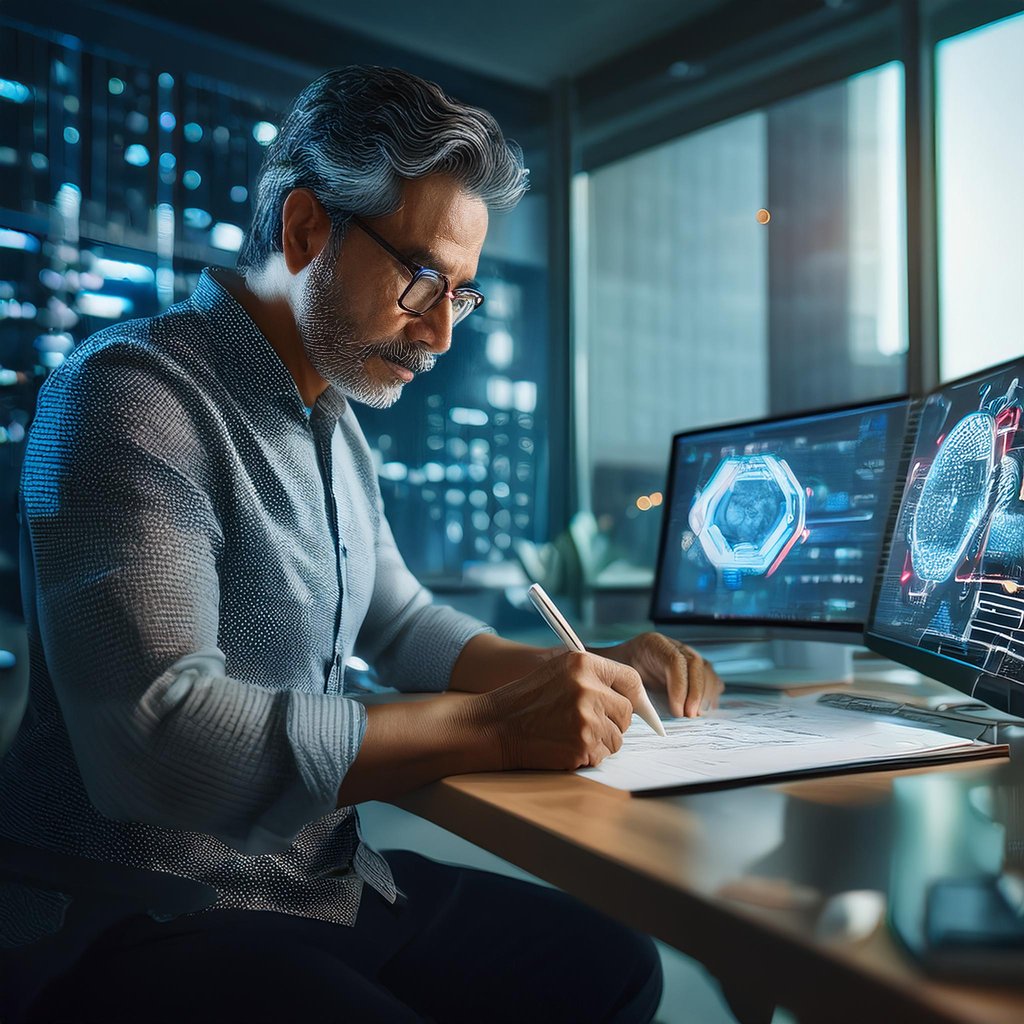 Un hombre adulto trabajando en un escritorio utilizando una computadora con inteligencia artificial