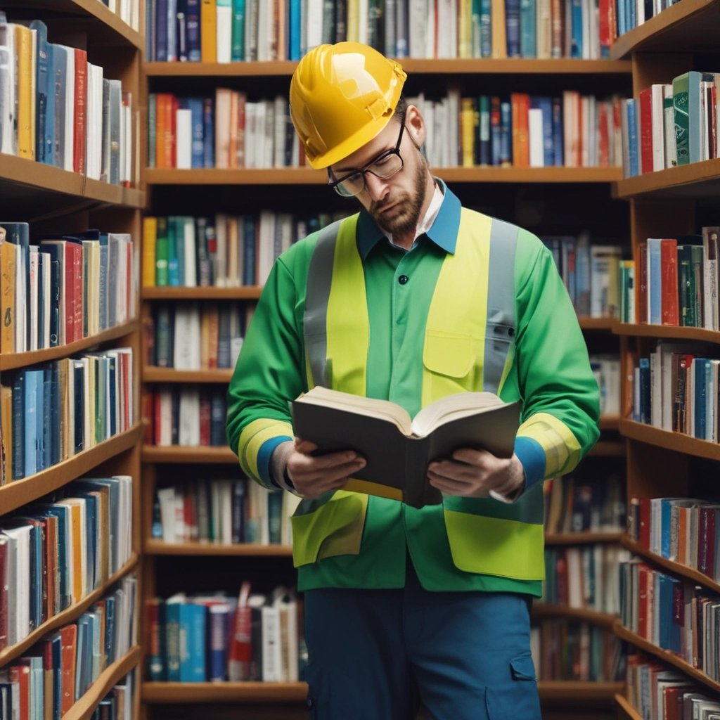 a man in a green Hi-Viz vest reading a book