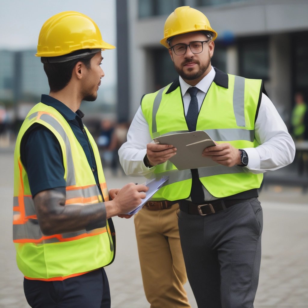 two men in safety vests standing in front of a building