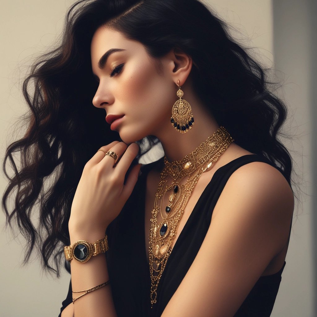 A display of an assortment of rings and bracelets is showcased within a glass case. The rings feature various gemstones in diverse colors including purple, red, and blue, while the bracelets are lined up in the background. The setting conveys an elegant atmosphere with the sparkling and intricate designs of the jewelry.