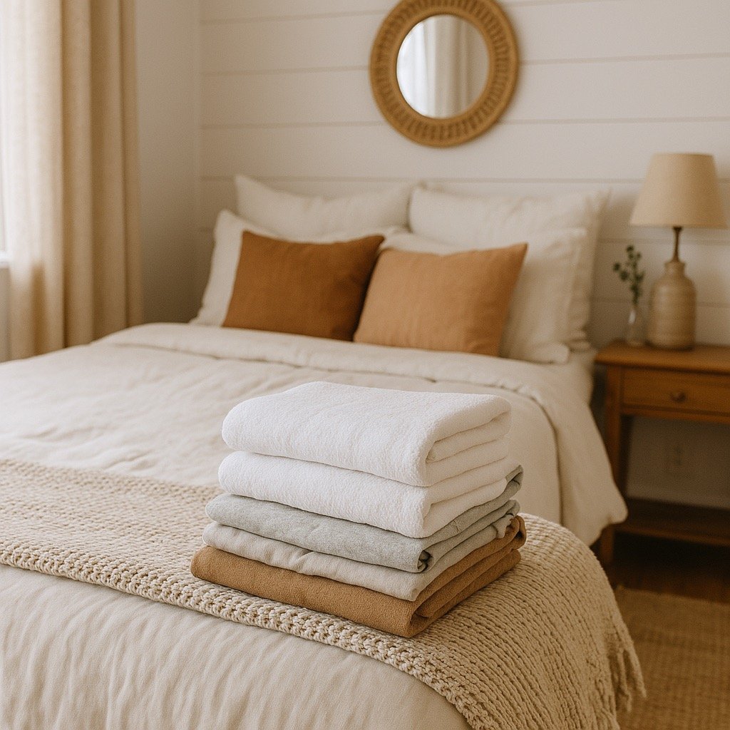 Cozy Airbnb setup with folded laundry