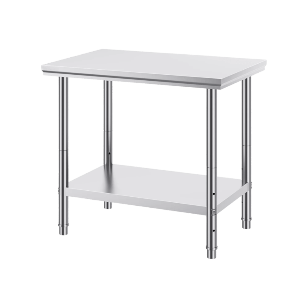 A light duty stainless steel table featuring a smooth work surface and a lower storage shelf on a white background.