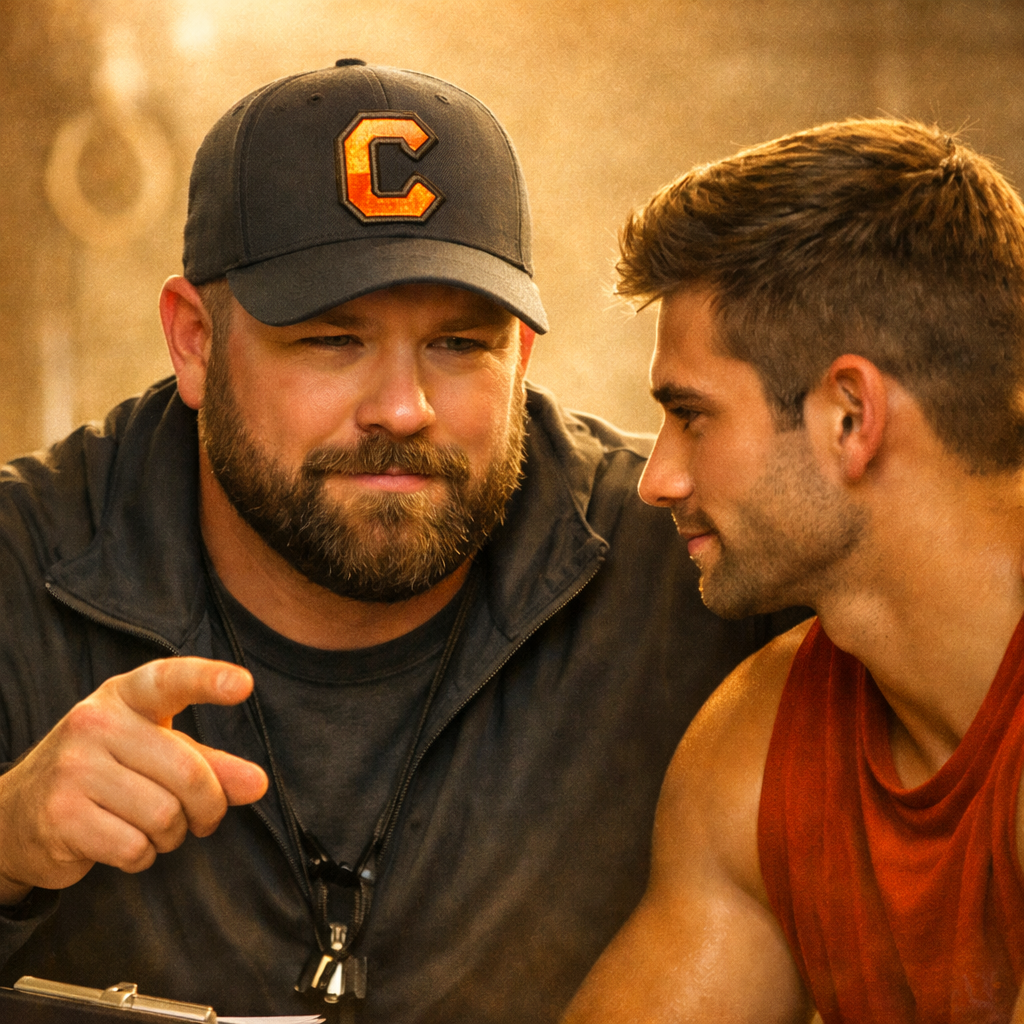 A bearded fitness coach in a baseball cap motivates a young male athlete during an intense gym workout.
