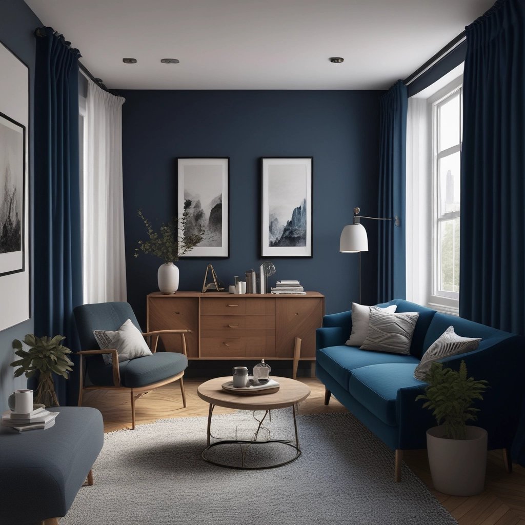 salon avec les murs peints en bleu