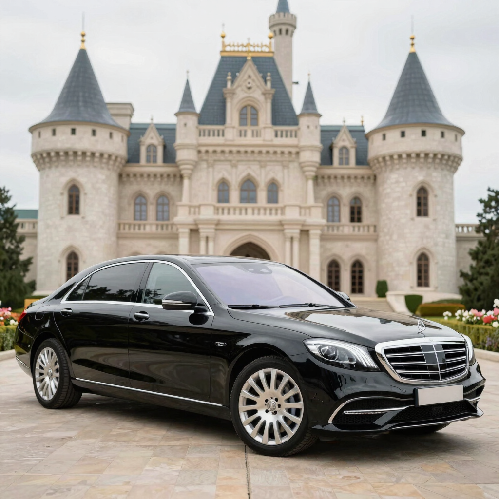Elegant black luxury car parked in front of a grand event venue at dusk.