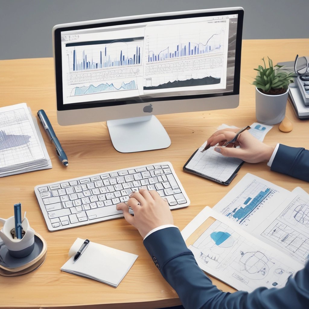 A professional consultation setting with a medical professional sitting at a desk facing a client. The room has a modern aesthetic with white walls decorated with framed certificates. The desk is organized with office supplies, a laptop, and a fruit bowl in the center.