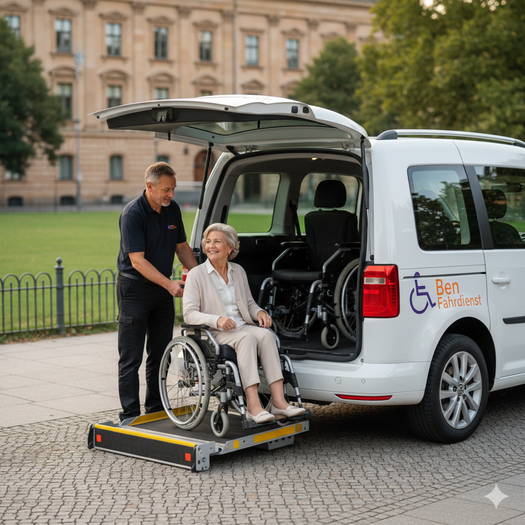 Fahrer von Ben Fahrdienst begleitet Kundin im Rollstuhl sicher zum Eingang des Krankenhauses.