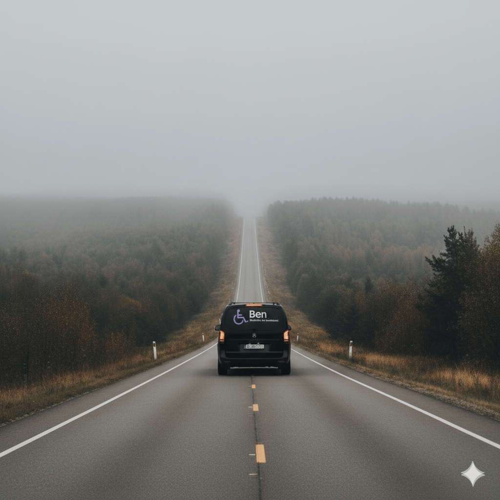 Fernfahrt-Service Berlin: Ben Fahrdienst fährt einen Kunden zuverlässig auf nebliger Straße.