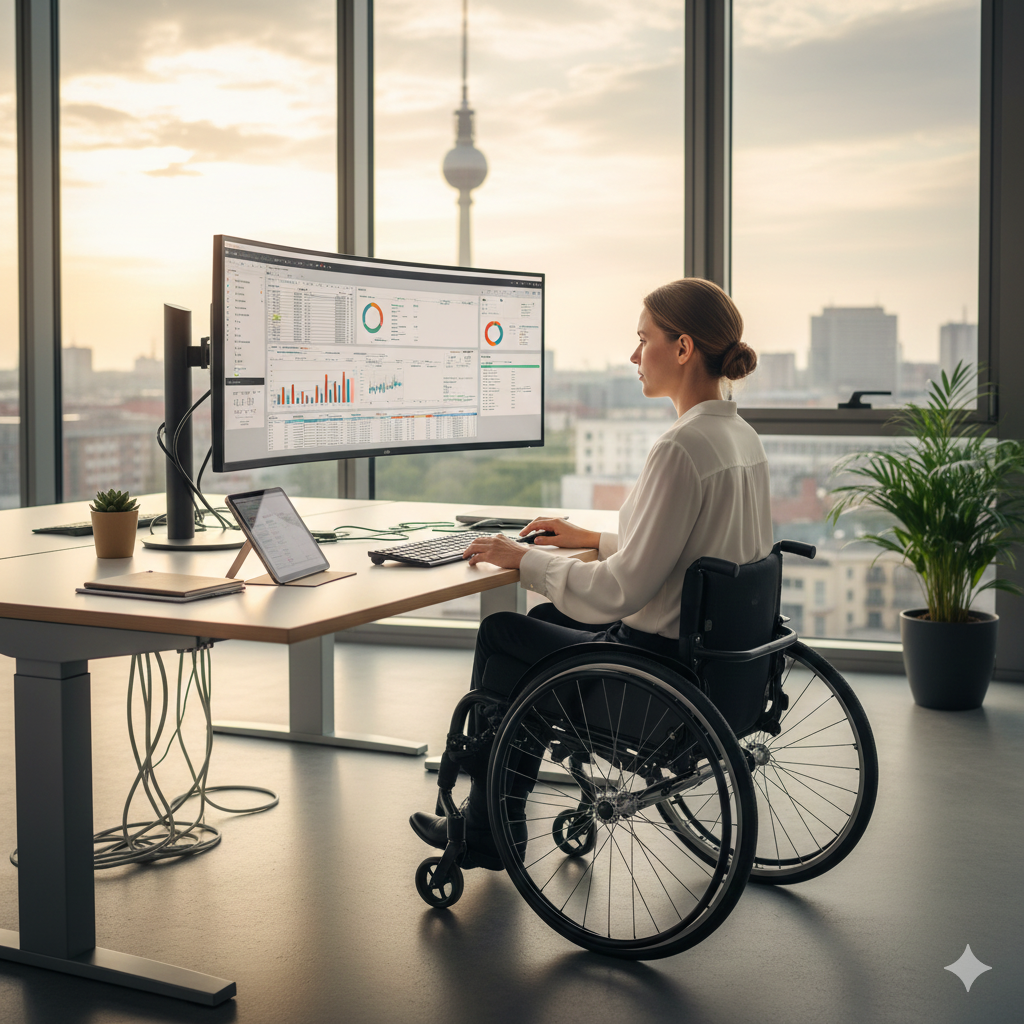 Mitarbeiterin im Rollstuhl arbeitet am PC, ermöglicht durch den Fahrdienst von Ben Fahrdienst.