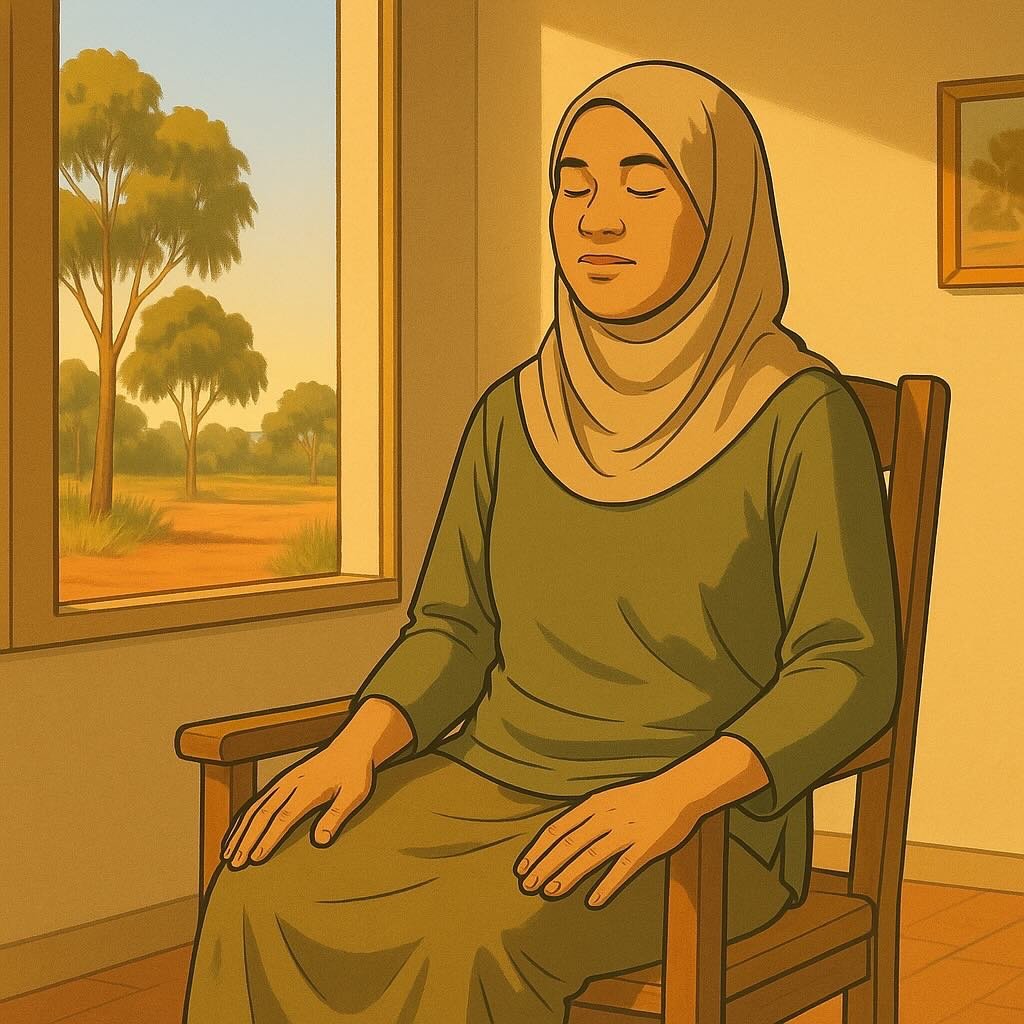 Malay woman sitting on chair indoors in Robinvale, eyes closed, gum trees outside, warm sunlight, peaceful expression.