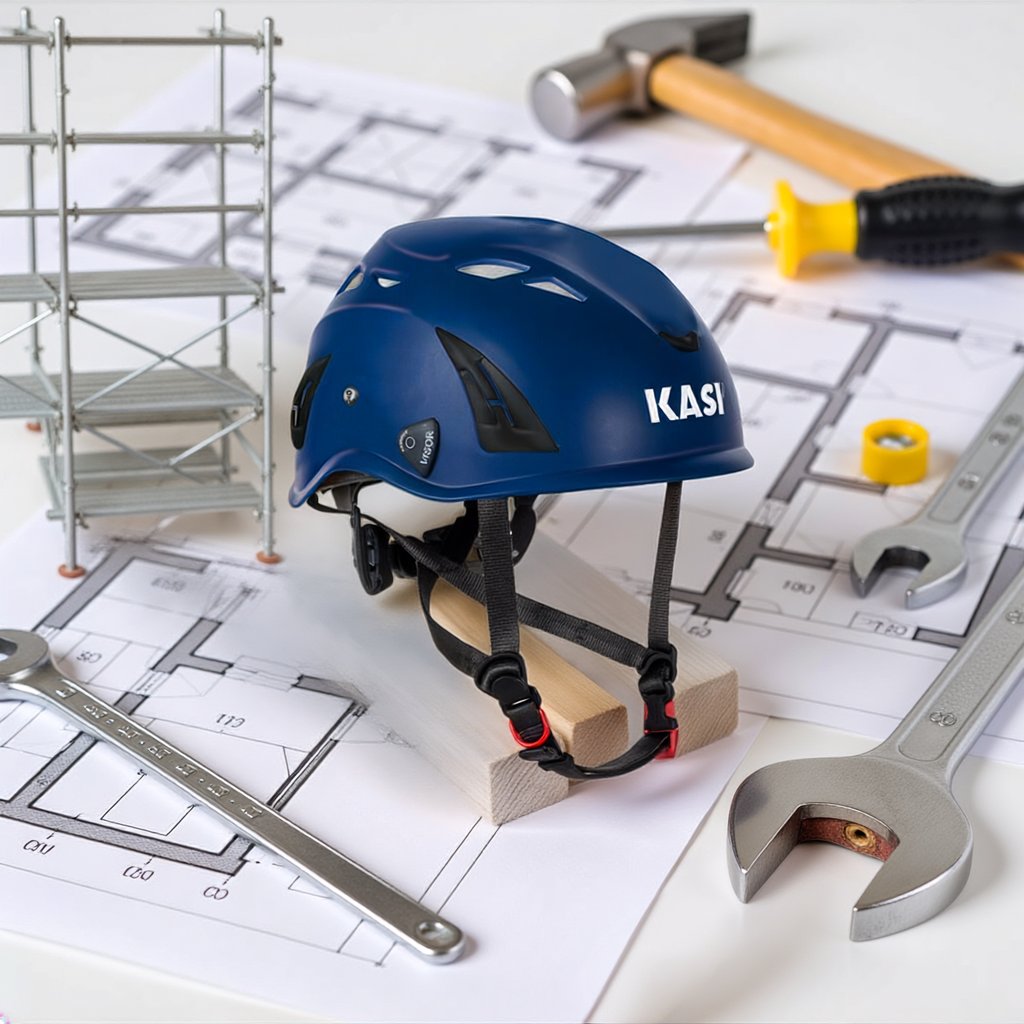 a helmeted helmet with a helmet on top of a table
