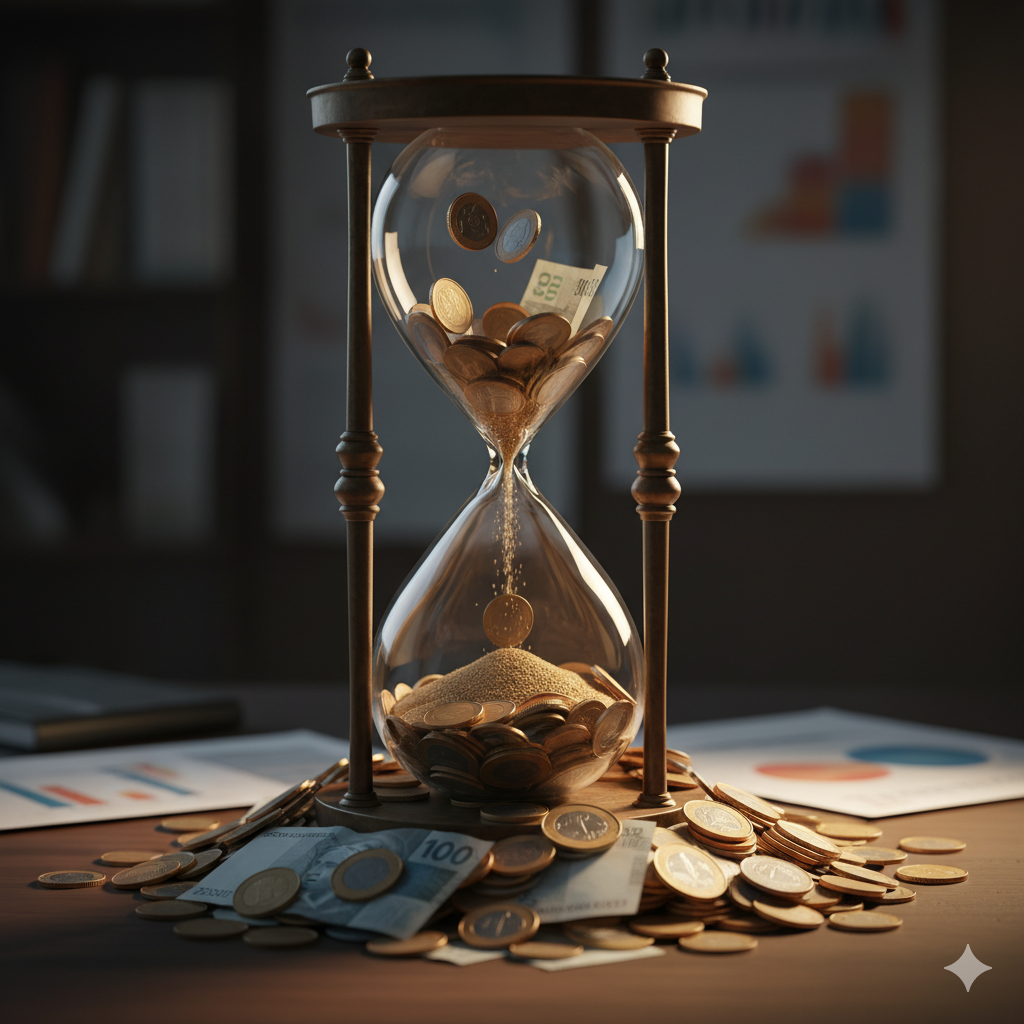 Uma ampulheta com dinheiro no lugar da areia.