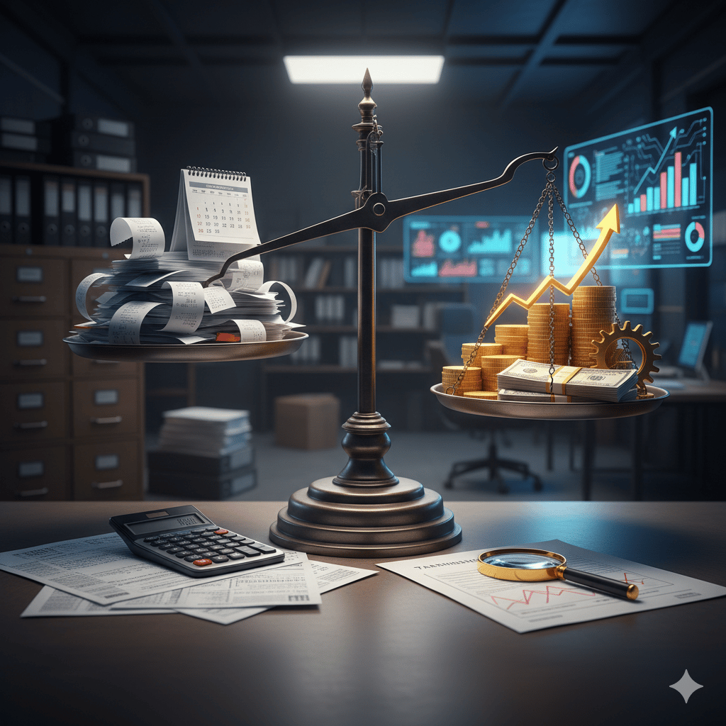 Uma balança apresentando desequilíbrio financeiro e burocrático.
