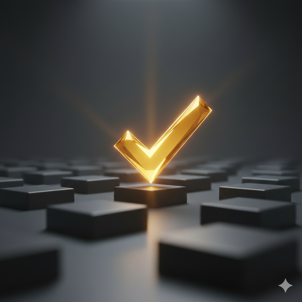 Ícone de marca de seleção dourada brilhante sobre um pedestal escuro, representando sucesso e valida