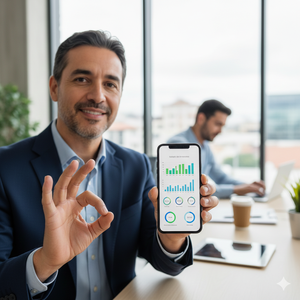 Um empresário mostra um aplicativo móvel de análise de dados com gráficos financeiros