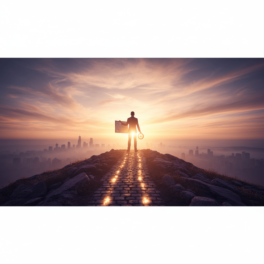 Um homem em pé em uma colina com um mapa e uma bússola.