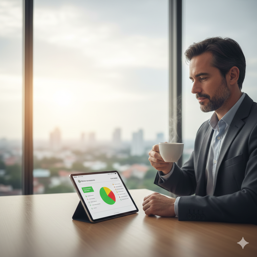 Homem de negócios em um escritório moderno analisando gráficos de dados em um tablet