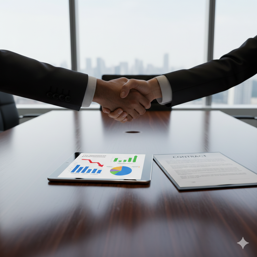 Profissionais de negócios apertando as mãos em uma mesa de conferência