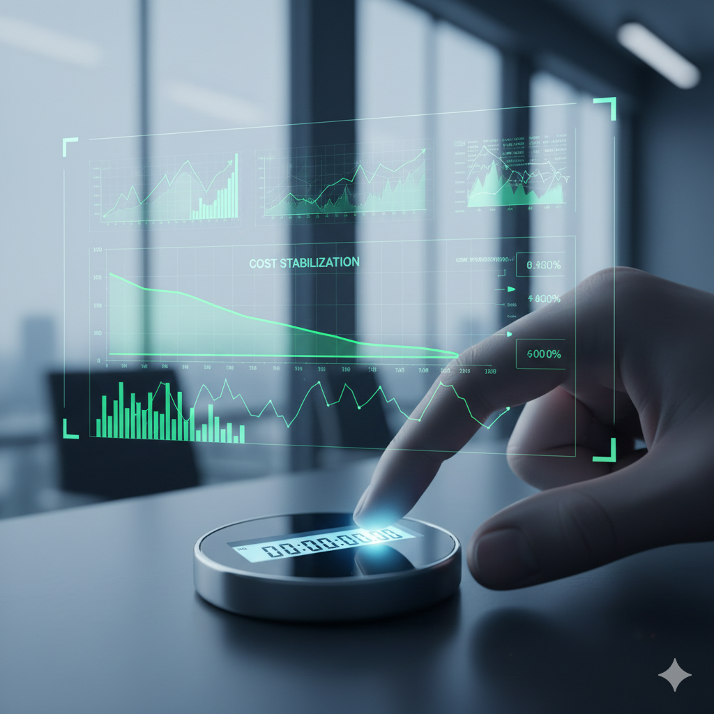 Mão tocando uma interface holográfica futurista que exibe dados de estabilização de custos e gráfico