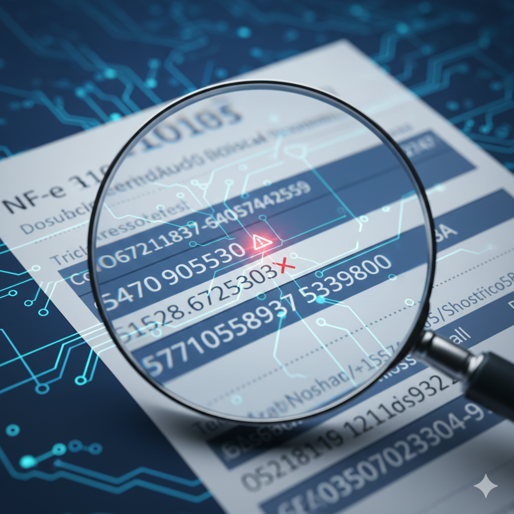 Uma lupa sobre uma nota fiscal.