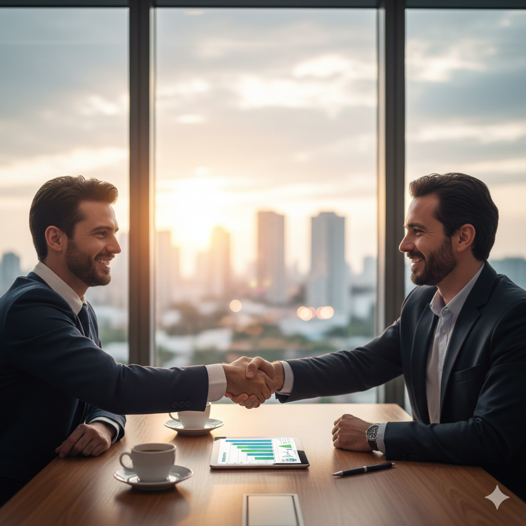 Dois homens apertando as mãos em uma sala de reuniões.