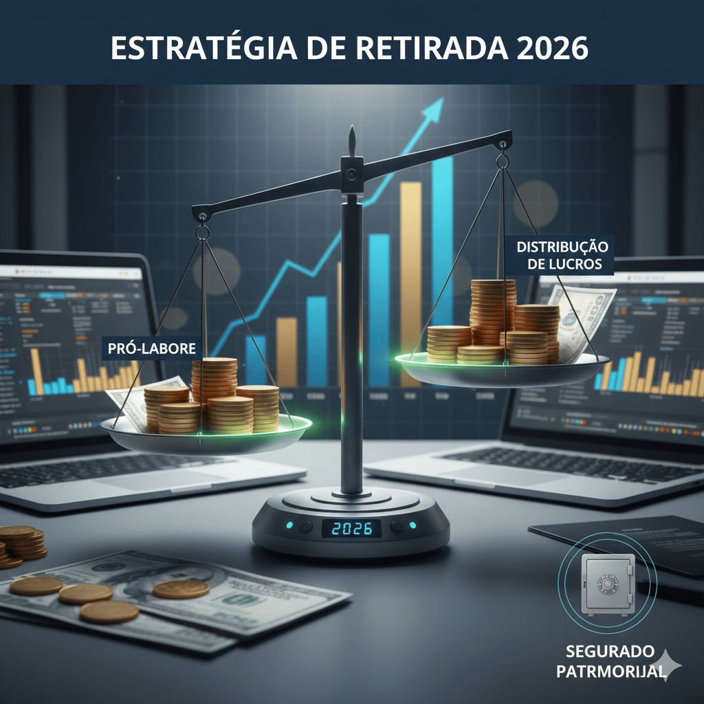 Uma balança medindo o peso do pró-labore e da distribuição de lucros.