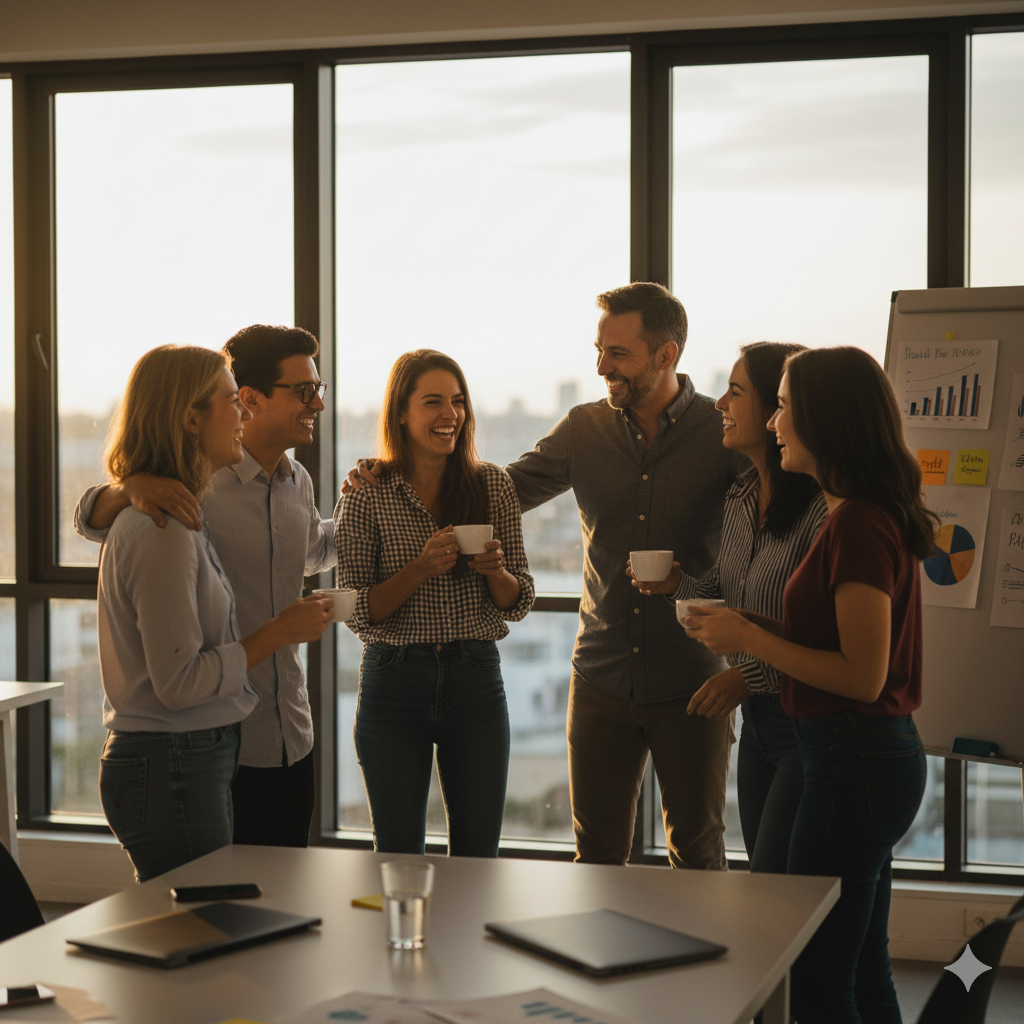 Um grupo diversificado de colegas sorridentes desfruta de um café juntos em um escritório moderno.
