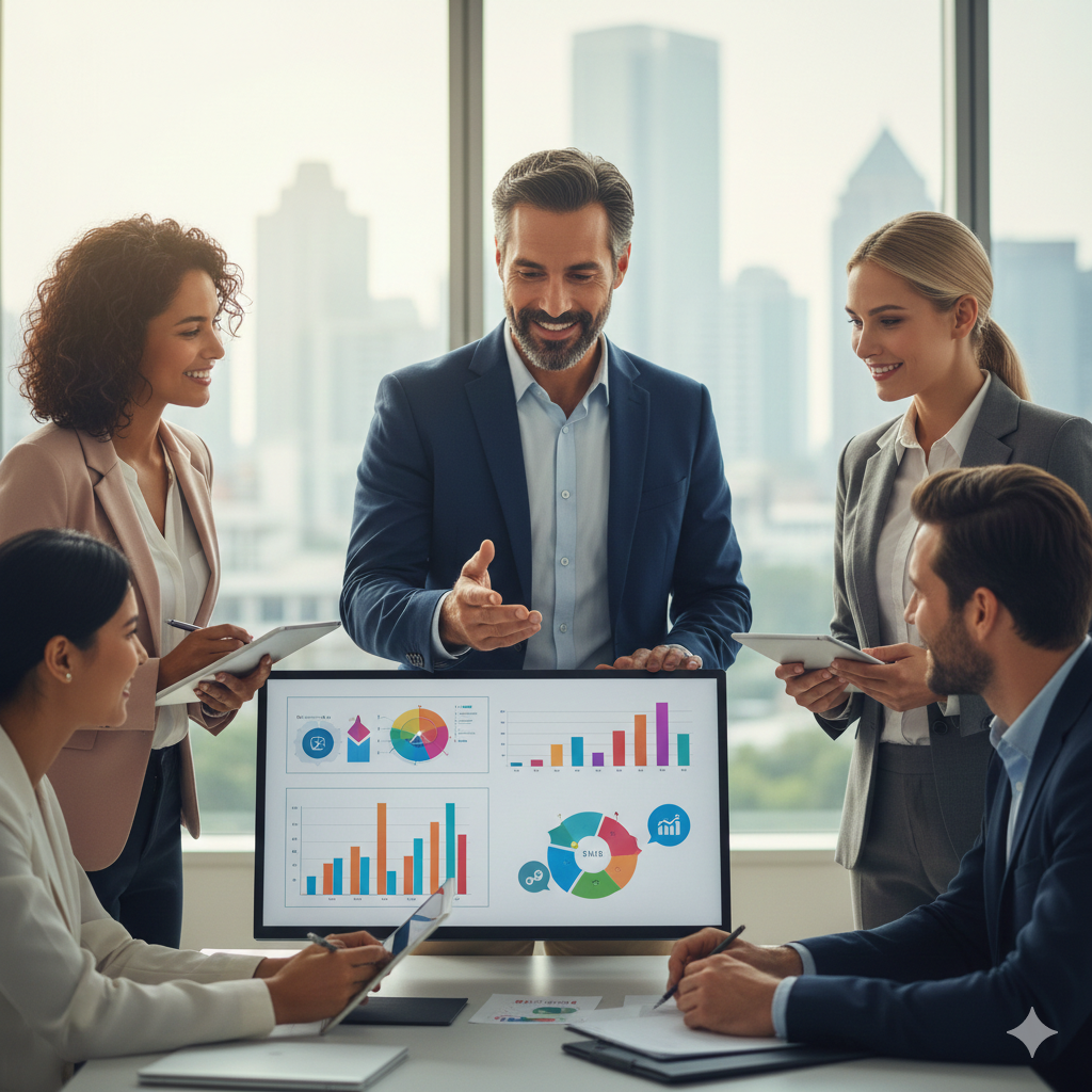 Equipe empresarial diversificada analisando gráficos de dados financeiros em uma tela durante uma re