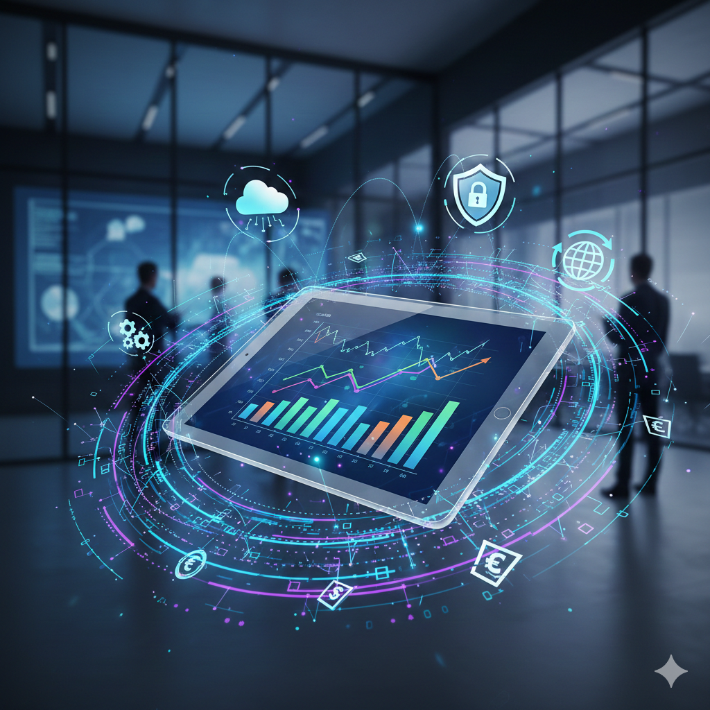 Um tablet apresentando gráficos financeiros em um ambiente moderno.