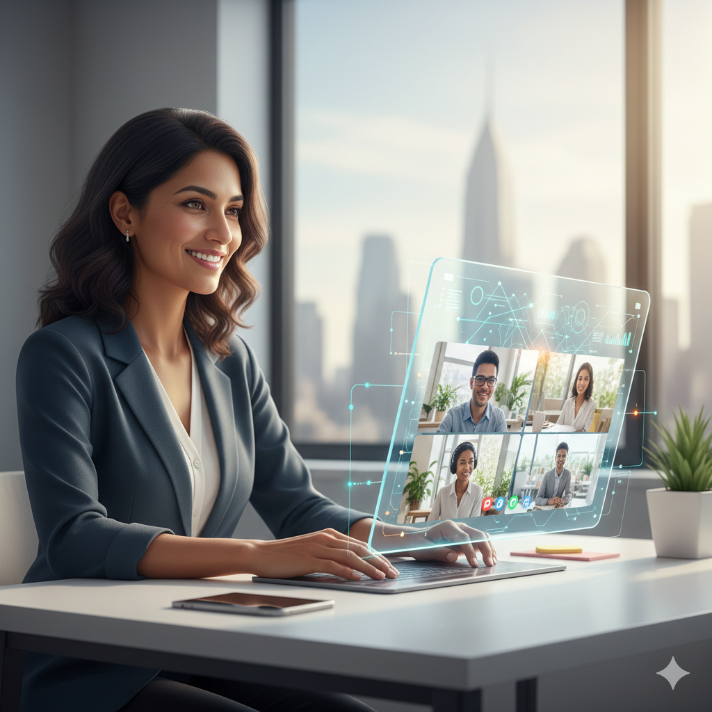 Uma mulher de negócios usa uma interface de reunião virtual holográfica para uma videoconferência