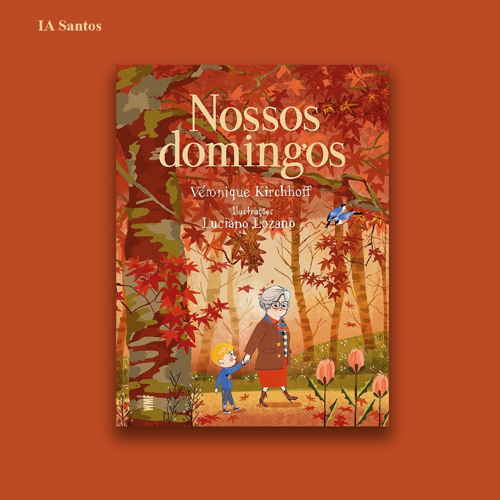 Nossos Domingos children's book cover featuring a grandmother and child walking through an autumn forest.