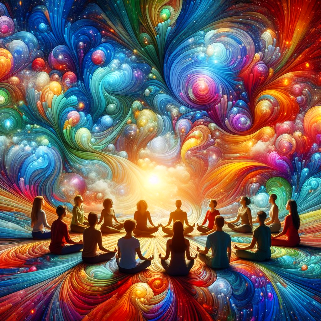 Group of people meditate in a circle surrounded by colorful psychedelic imagery