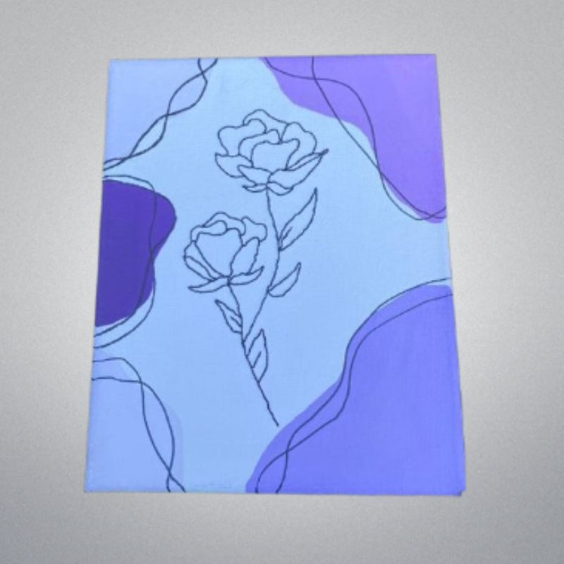 Blue canvas with purple accents and line-drawn roses.