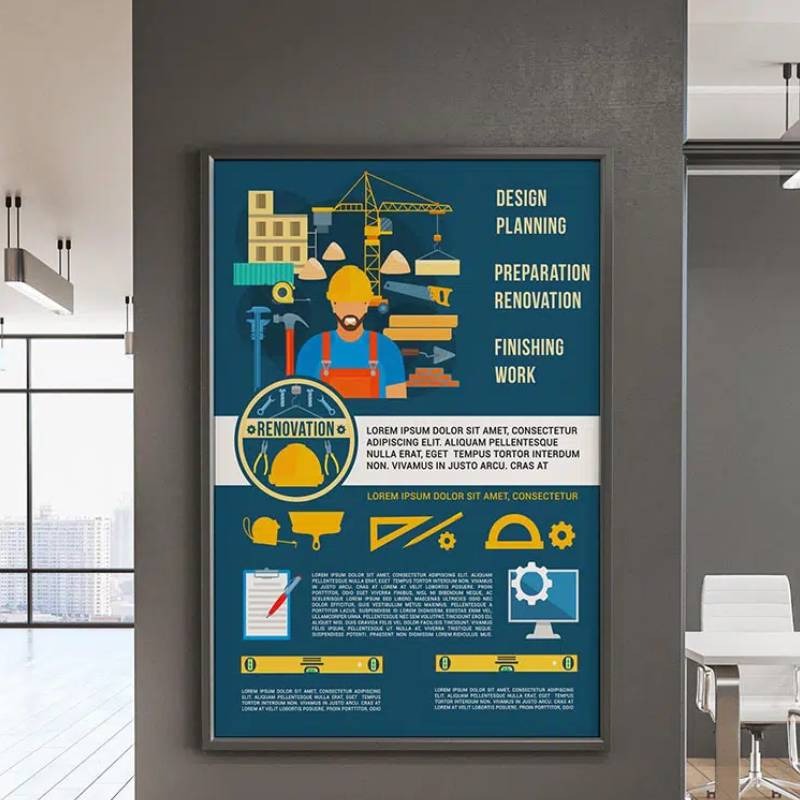 Informative construction and renovation services poster in large format.