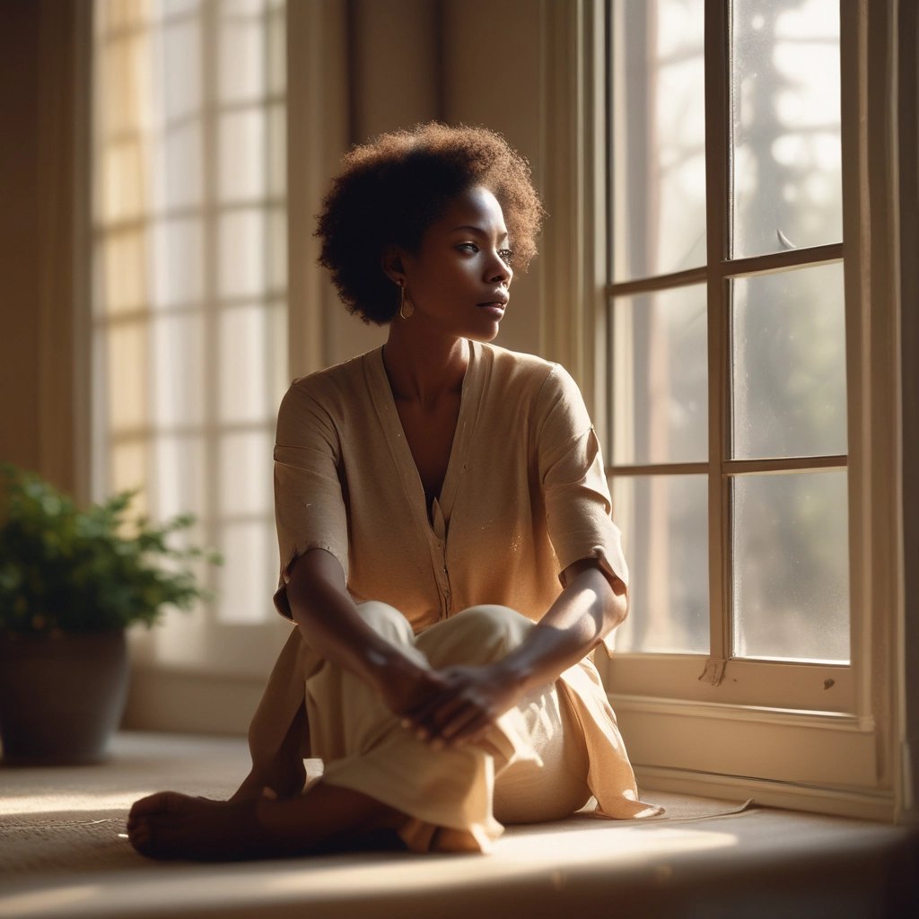 A serene image of a woman meditating outdoors at sunrise, symbolizing peace and mental clarity.