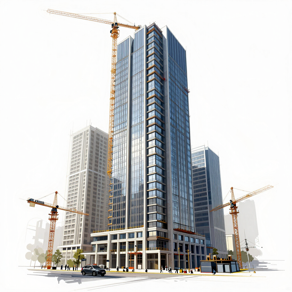 A project manager reviewing blueprints on a construction site with workers and cranes in the background.