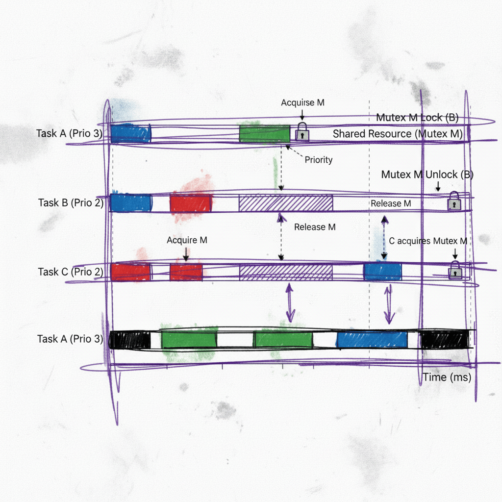 Task time diagram of RTOS priority inheritence and priority inversion problem.