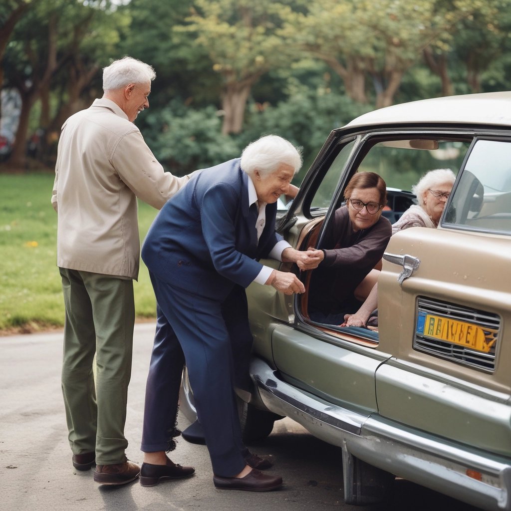 A group of volunteers helping an elderly person in a cozy home setting.