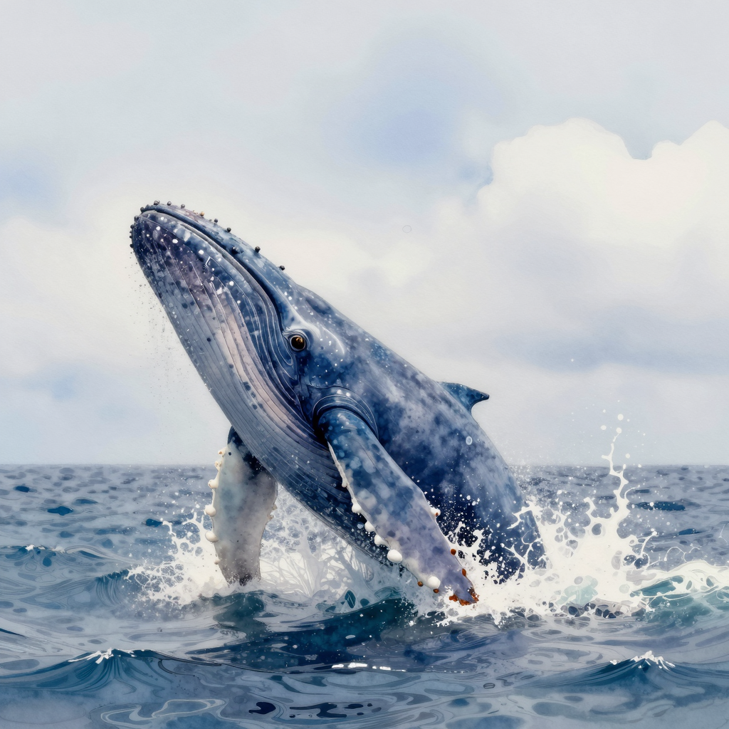 Image of a blue whale emerging from the ocean render.