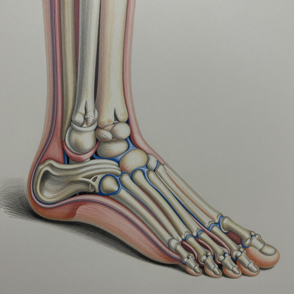 Illustration of the bones and joints that make up a human foot.