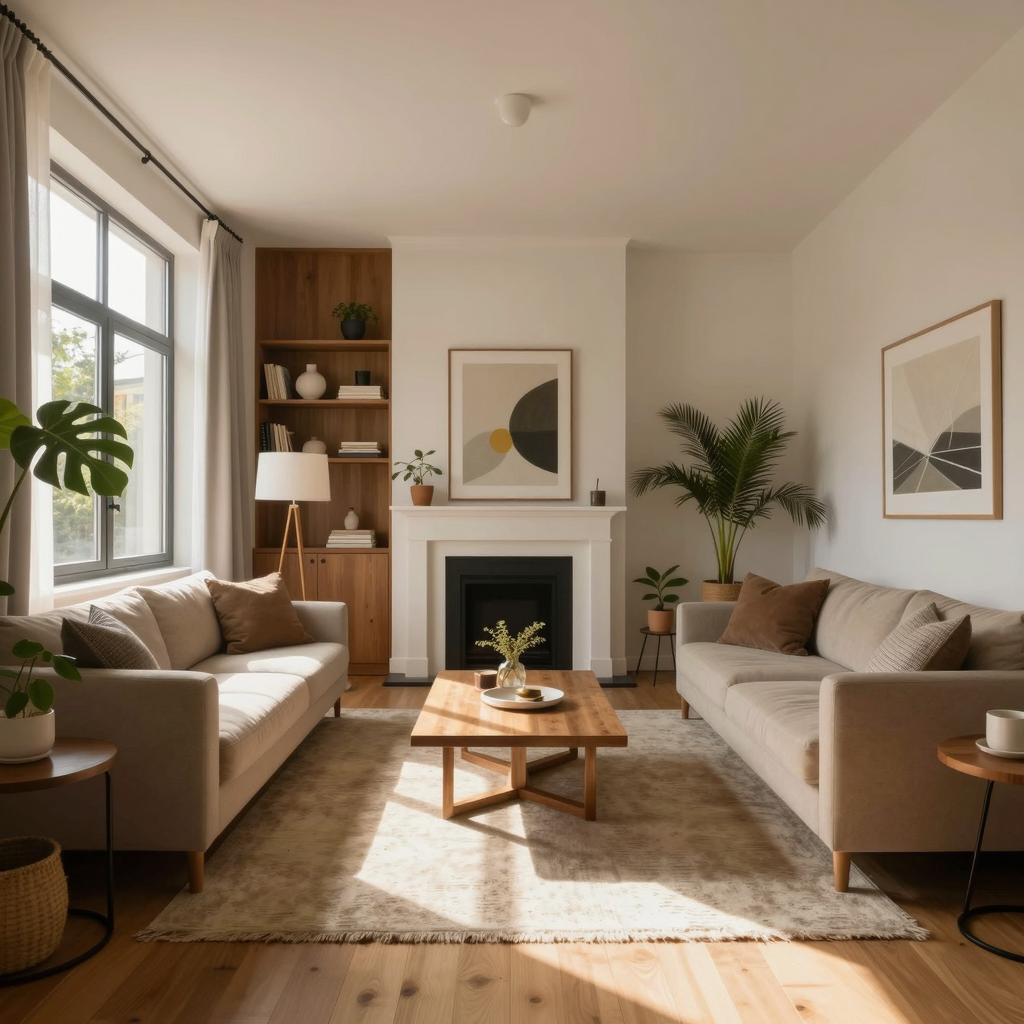 3D render of living room setting in modern home.