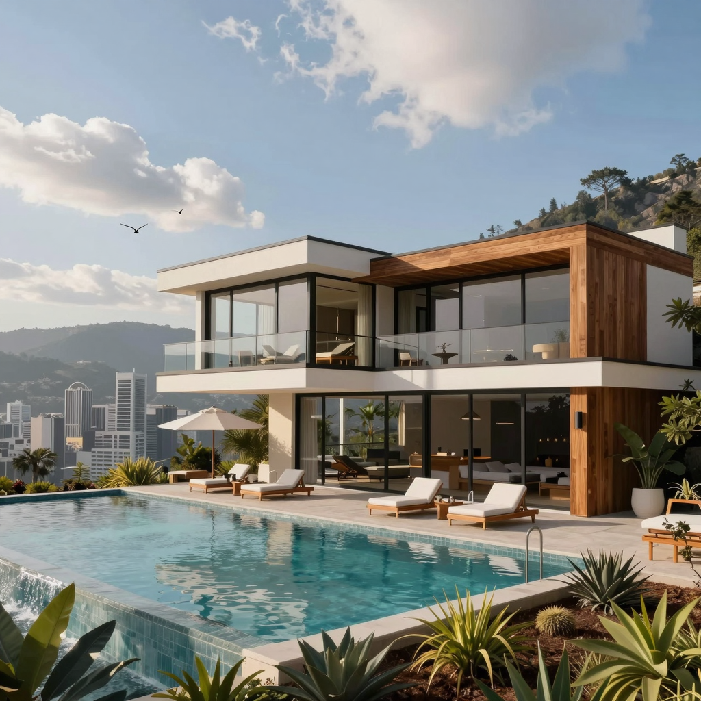Architectural render of a SOCAL house with pool overlooking the city in the valley