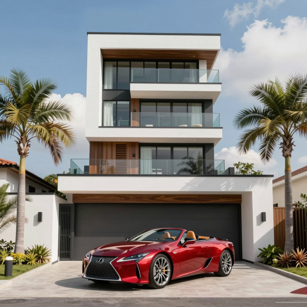 Miami-style 3-level modern home with glass and wood encased by two date palm trees.
