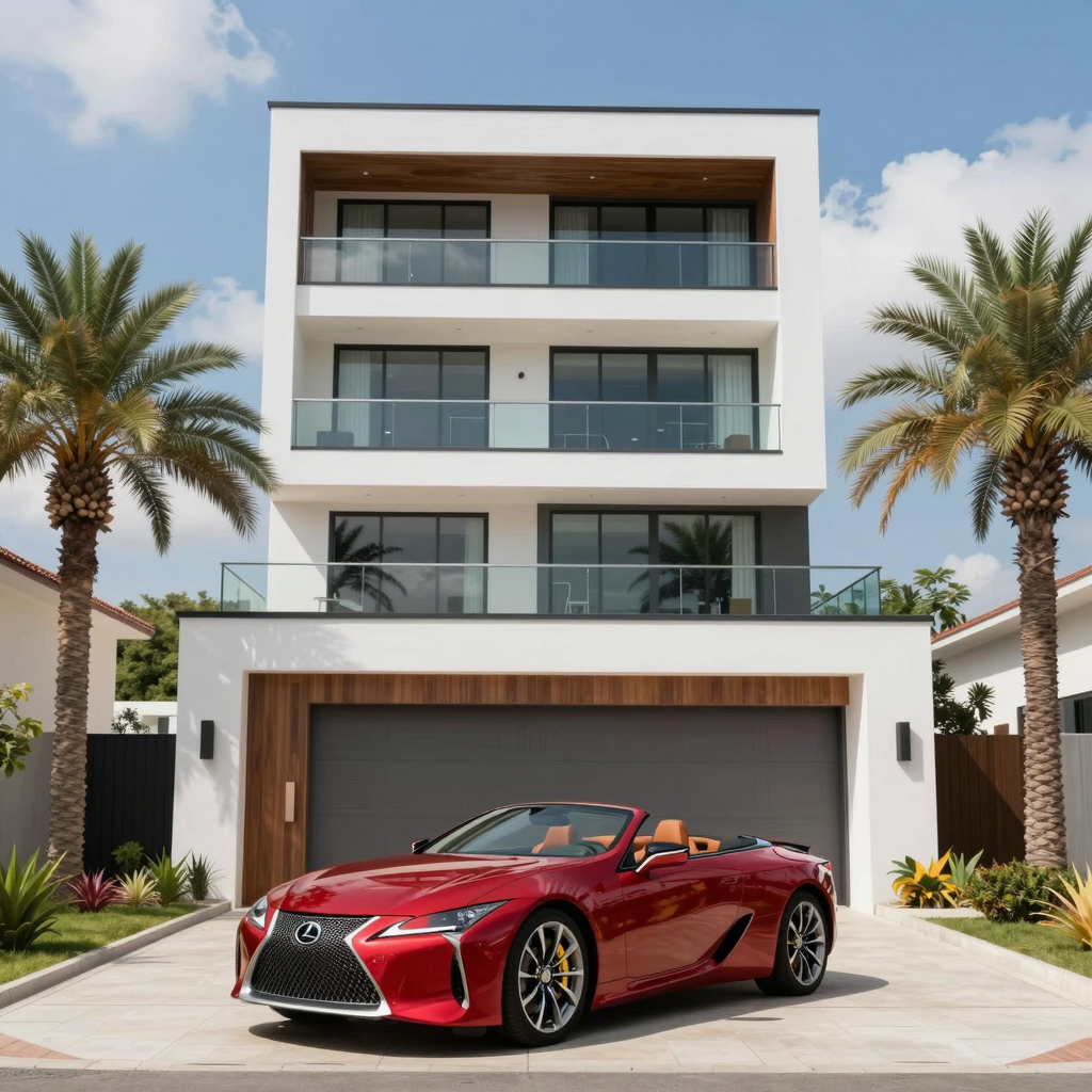 A Lexus LC 500 convertible parked outside of a luxury beach home